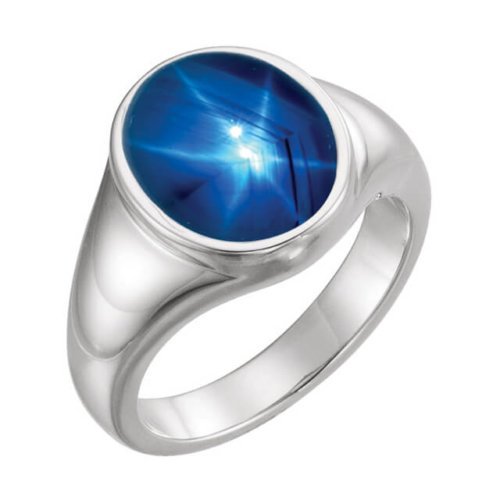 Men's Round Genuine Blue Star Sapphire Signet Ring in Platinum